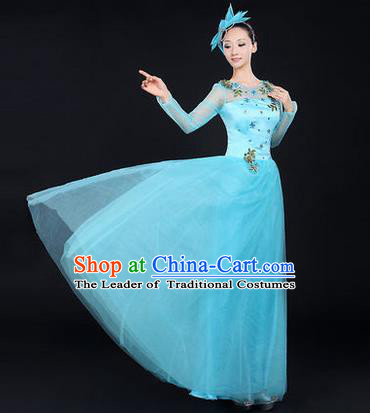 Traditional Chinese Modern Dancing Costume, Women Opening Classic Chorus Singing Group Dance Costume, Modern Dance Blue Bubble Dress for Women