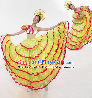 Traditional Chinese Modern Dancing Costume, Women Opening Classic Chorus Singing Group Dance Costume, Modern Dance Big Swing Yellow Dress for Women