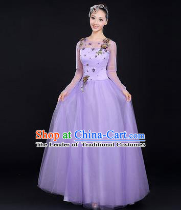Traditional Chinese Modern Dancing Costume, Women Opening Classic Chorus Singing Group Dance Costume, Modern Dance Big Swing Embroidered Purple Long Dress for Women