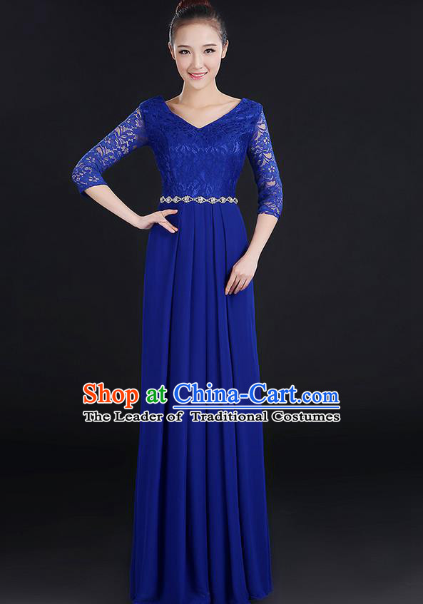 Traditional Chinese Modern Dancing Costume, Women Opening Classic Chorus Singing Group Dance Lace Clothing, Modern Dance Long Blue Dress for Women