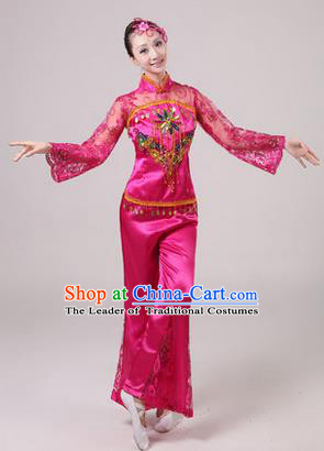 Traditional Chinese Yangge Fan Dancing Costume, Folk Dance Yangko Paillette Dress Costume, Classic Dance Drum Dance Rose Embroidered Clothing for Women