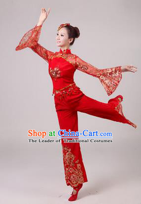 Traditional Chinese Yangge Fan Dancing Costume, Folk Dance Yangko Paillette Dress Costume, Classic Dance Drum Dance Red Embroidered Clothing for Women