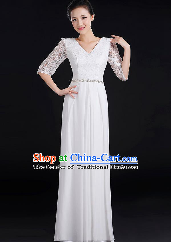 Traditional Chinese Modern Dancing Costume, Women Opening Classic Chorus Singing Group Dance Lace Clothing, Modern Dance Long White Dress for Women