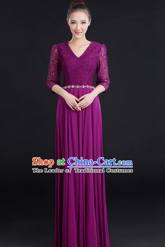 Traditional Chinese Modern Dancing Costume, Women Opening Classic Chorus Singing Group Dance Lace Clothing, Modern Dance Long Purple Dress for Women