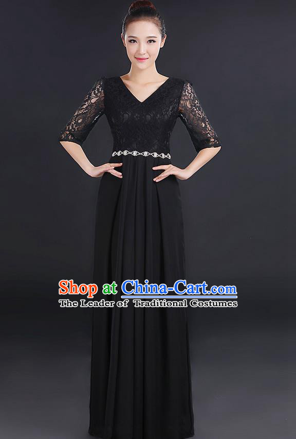 Traditional Chinese Modern Dancing Costume, Women Opening Classic Chorus Singing Group Dance Lace Clothing, Modern Dance Long Black Dress for Women