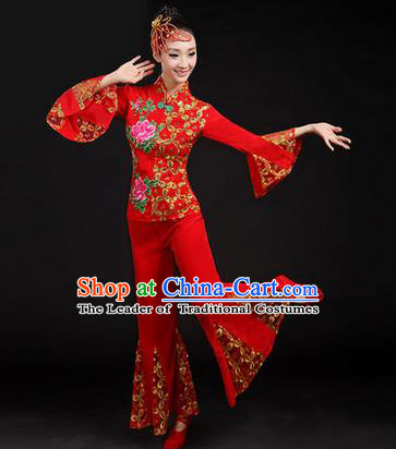 Traditional Chinese Yangge Fan Dancing Costume, Folk Dance Yangko Embroider Uniforms, Classic Dance Dress Drum Dance Red Clothing for Women
