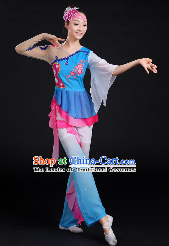 Traditional Chinese Yangge Fan Dancing Costume, Folk Dance Yangko Paillette Flowers Uniforms, Classic Dance Dress Drum Dance Blue Clothing for Women
