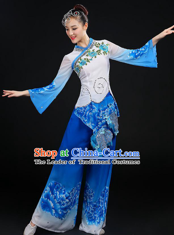 Traditional Chinese Yangge Fan Dancing Costume, Folk Dance Yangko Blue and White Porcelain Uniforms, Classic Dance Cheongsam Dress Drum Dance Blue Clothing for Women