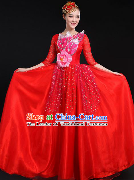 Traditional Modern Dancing Costume, Women Opening Classic Chorus Singing Group Dance Bubble Uniforms, Modern Dance Long Paillette Peony Red Dress for Women