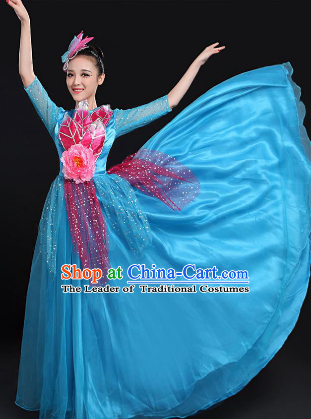 Traditional Modern Dancing Costume, Women Opening Classic Chorus Singing Group Dance Bubble Uniforms, Modern Dance Long Paillette Peony Blue Dress for Women