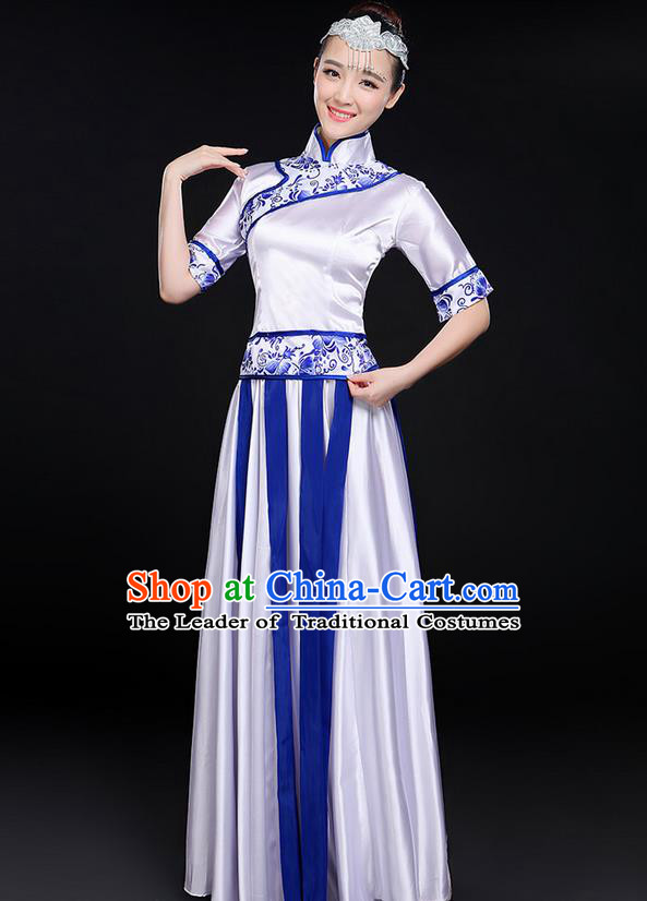 Traditional Modern Dancing Costume, Women Opening Classic Chorus Singing Group Dance Blue and White Porcelain Uniforms, Modern Dance Long Cheongsam Blue Dress for Women