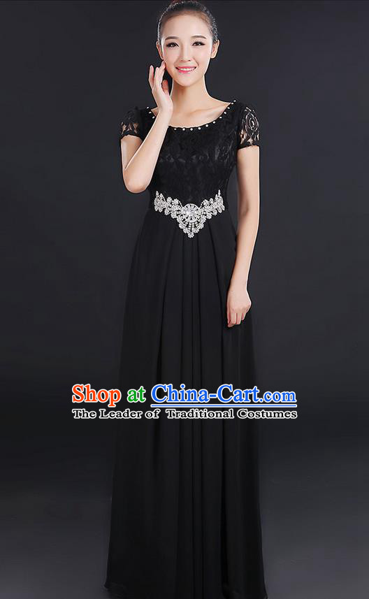 Traditional Modern Dancing Compere Costume, Women Opening Classic Chorus Singing Group Dance Uniforms, Modern Dance Lace Long Black Dress for Women