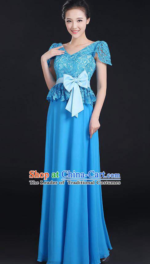 Traditional Modern Dancing Compere Costume, Women Opening Classic Chorus Singing Group Dance Bowknot Uniforms, Modern Dance Lace Long Blue Dress for Women