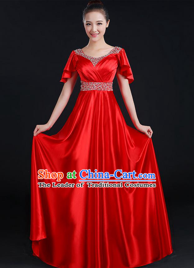 Traditional Chinese Modern Dancing Compere Costume, Women Opening Classic Chorus Singing Group Dance Uniforms, Modern Dance Crystal Long Red Dress for Women