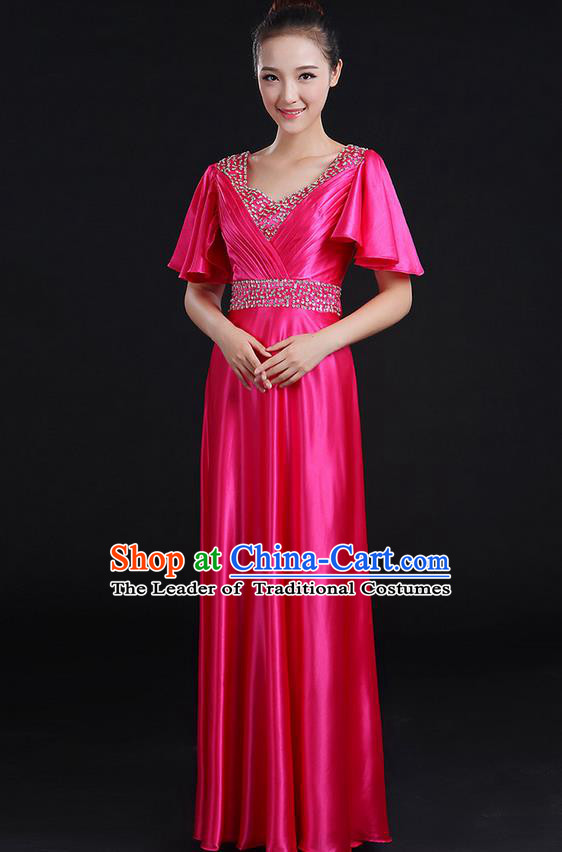 Traditional Chinese Modern Dancing Compere Costume, Women Opening Classic Chorus Singing Group Dance Uniforms, Modern Dance Crystal Long Rose Dress for Women