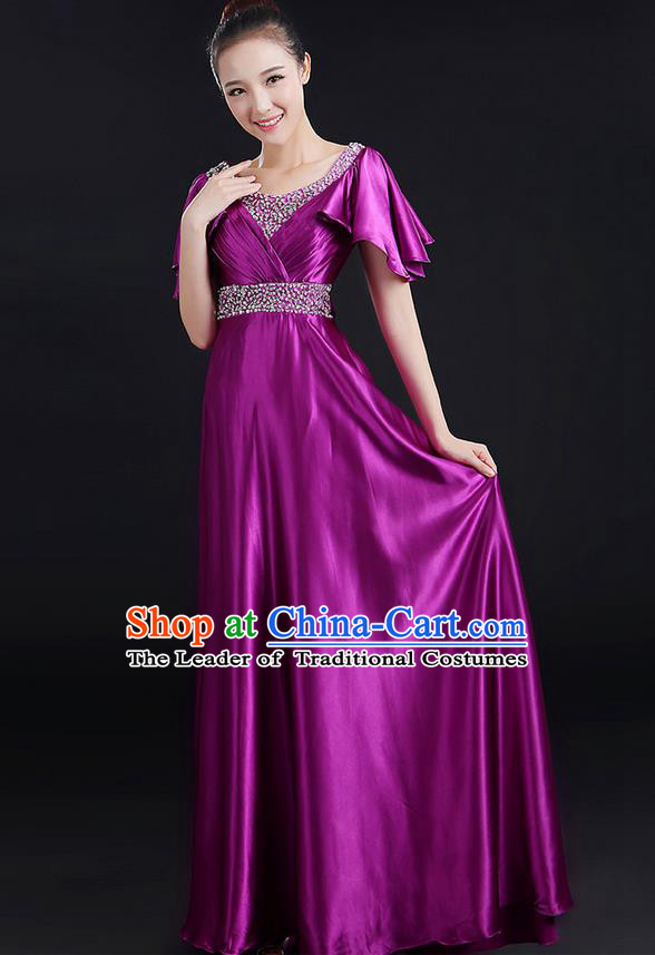 Traditional Chinese Modern Dancing Compere Costume, Women Opening Classic Chorus Singing Group Dance Uniforms, Modern Dance Crystal Long Purple Dress for Women