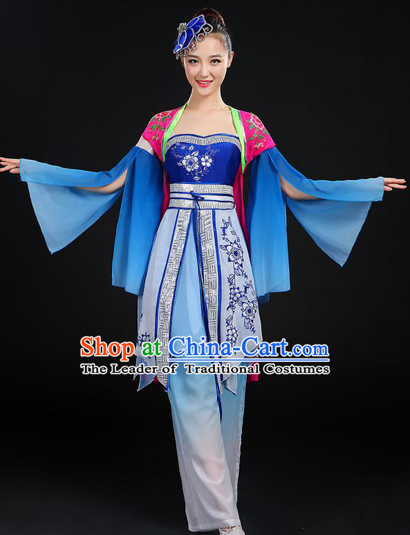 Traditional Chinese Yangge Fan Dancing Costume, Folk Dance Yangko Blue and White Porcelain Uniforms, Classic Dance Dress Drum Dance Blue Clothing for Women