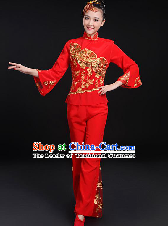 Traditional Chinese Yangge Fan Dancing Costume, Folk Dance Yangko Stand Collar Uniforms, Classic Dance Dress Drum Dance Paillette Peony Clothing for Women