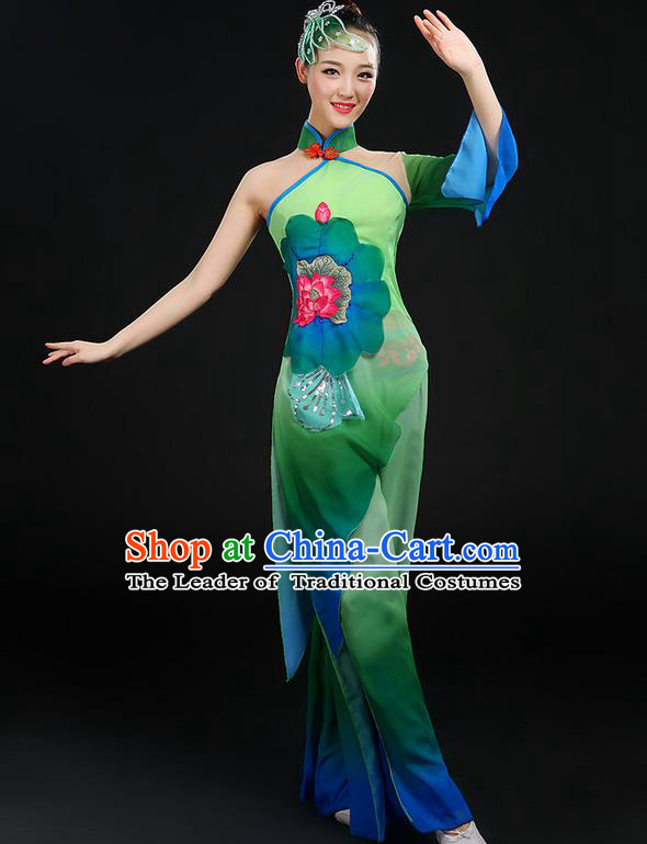 Traditional Chinese Yangge Fan Dancing Costume, Folk Dance Yangko Stand Collar Uniforms, Classic Dance Dress Drum Umbrella Dance Painting Lotus Clothing for Women