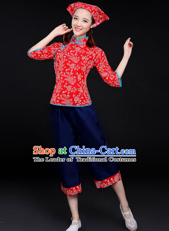 Traditional Chinese Yangge Fan Dancing Costume, Folk Dance Yangko Tea-Picking Uniforms, Classic Dance Elegant Dress Drum Dance Red Clothing for Women