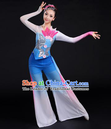 Traditional Chinese Yangge Fan Dancing Costume, Folk Dance Yangko Uniforms, Classic Dance Elegant Dress Drum Dance Paillette Lotus Blue Clothing for Women