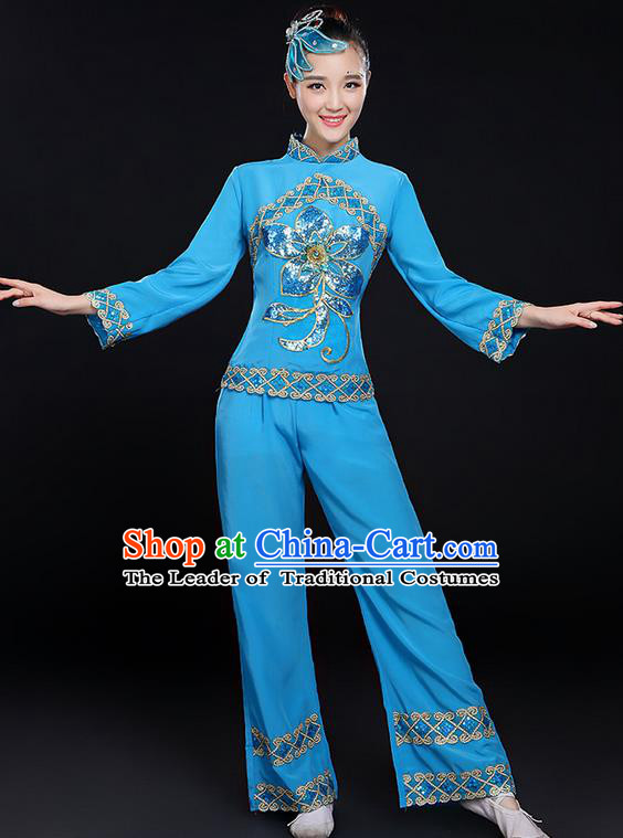 Traditional Chinese Yangge Fan Dancing Costume, Folk Dance Yangko Uniforms, Classic Dance Elegant Dress Drum Dance Paillette Peony Blue Clothing for Women