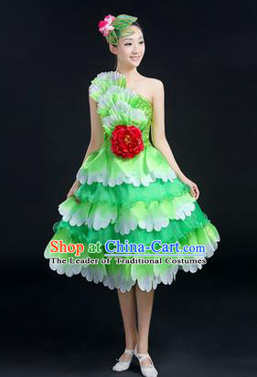 Traditional Chinese Modern Dancing Compere Costume, Women Opening Classic Chorus Singing Group Dance Big Swing Uniforms, Modern Dance Peony Bubble Dress for Women