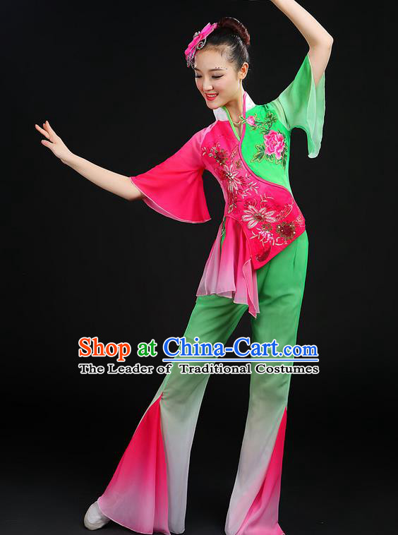 Traditional Chinese Yangge Fan Dancing Costume, Folk Dance Yangko Embroidered Peony Uniforms, Classic Dance Elegant Dress Drum Dance Clothing for Women