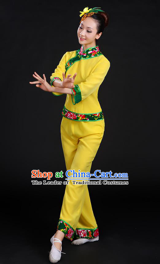 Traditional Chinese Yangge Fan Dancing Costume, Folk Dance Yangko Peony Uniforms, Classic Umbrella Dance Elegant Dress Drum Dance Yellow Clothing for Women