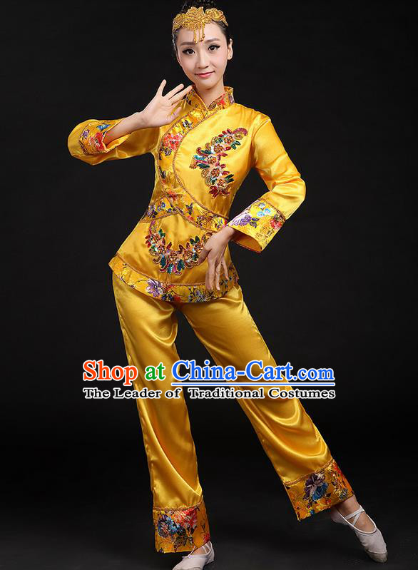 Traditional Chinese Yangge Fan Dancing Costume, Folk Dance Yangko Uniforms, Classic Umbrella Dance Elegant Dress Drum Dance Yellow Paillette Phoenix Clothing for Women