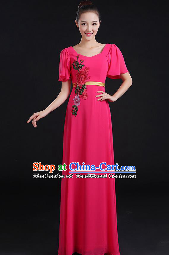 Traditional Chinese Modern Dancing Compere Costume, Women Opening Classic Chorus Singing Group Dance Peony Uniforms, Modern Dance Long Pink Dress for Women