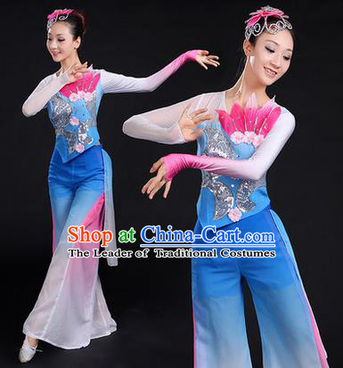 Traditional Chinese Yangge Fan Dancing Costume, Folk Dance Yangko Uniforms, Classic Dance Elegant Paillette Dress Drum Dance Blue Clothing for Women