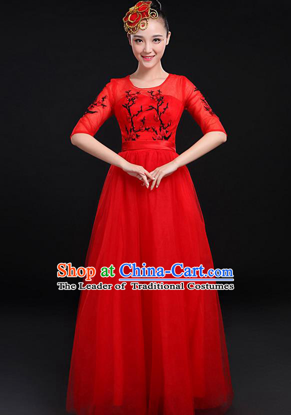Traditional Chinese Modern Dancing Compere Costume, Women Opening Classic Chorus Singing Group Dance Bubble Uniforms, Modern Dance Embroidered Plum Blossom Long Red Dress for Women