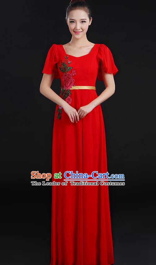 Traditional Chinese Modern Dancing Compere Costume, Women Opening Classic Chorus Singing Group Dance Peony Uniforms, Modern Dance Classic Dance Long Red Dress for Women