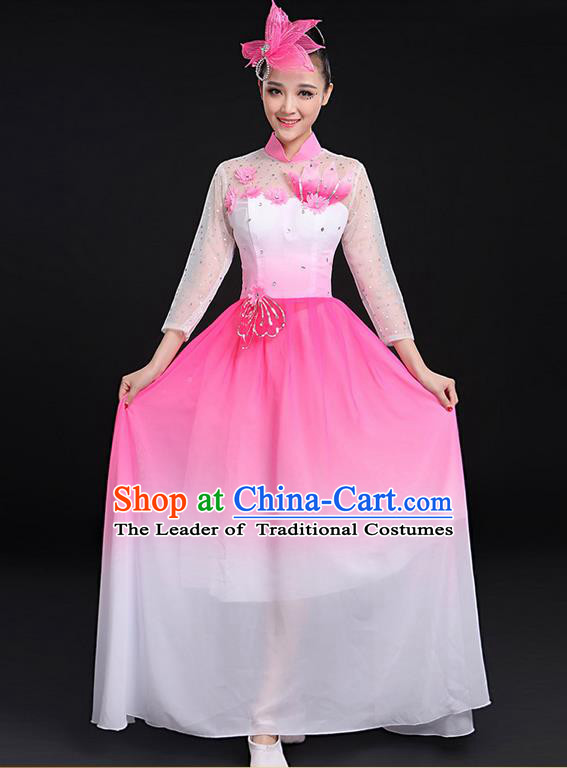 Traditional Chinese Modern Dancing Compere Costume, Women Opening Classic Chorus Singing Group Dance Big Swing Uniforms, Modern Dance Long Pink Flowers Dress for Women