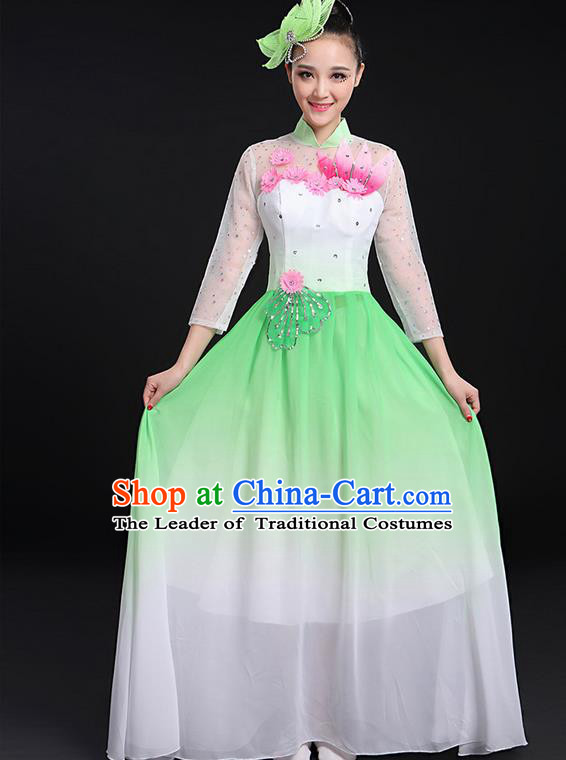 Traditional Chinese Modern Dancing Compere Costume, Women Opening Classic Chorus Singing Group Dance Big Swing Uniforms, Modern Dance Long Green Flowers Dress for Women