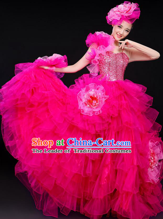 Traditional Chinese Modern Dancing Compere Costume, Women Opening Classic Chorus Singing Group Dance Big Swing Uniforms, Modern Dance Classic Dance Long Bubble Dress for Women