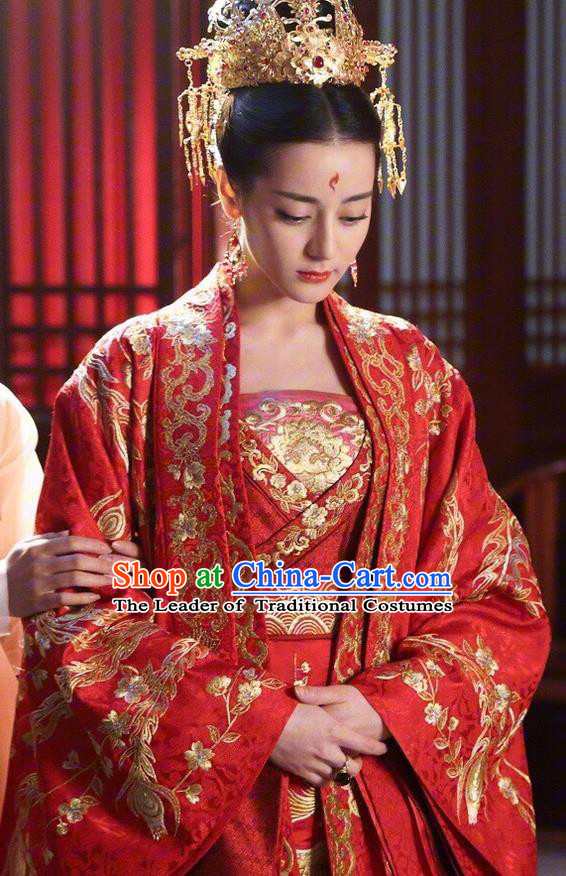 Traditional Ancient Chinese Imperial Consort Wedding Costume, Elegant Hanfu Fairy Red Dress Chinese Tang Dynasty Bride Imperial Concubine Tailing Embroidered Clothing for Women