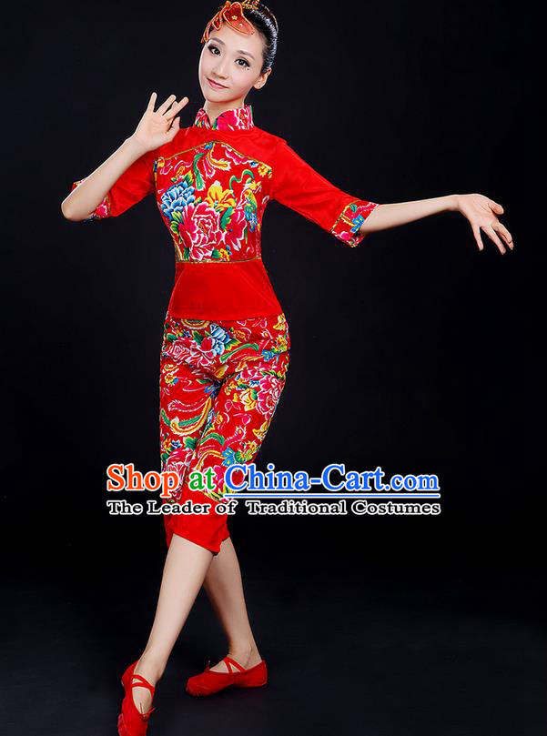 Traditional Chinese Yangge Fan Dancing Costume, Folk Dance Yangko Fairy Uniforms, Classic Dance Elegant Dress Drum Dance Peony Red Clothing for Women