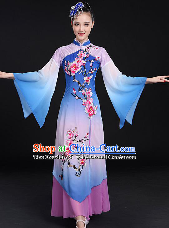 Traditional Chinese Yangge Fan Dancing Costume, Folk Dance Yangko Mandarin Sleeve Paillette Uniforms, Classic Umbrella Dance Elegant Dress Drum Dance Embroidered Plum Blossom Clothing for Women