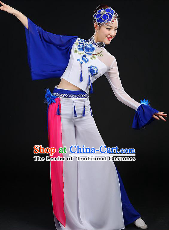 Traditional Chinese Yangge Fan Dancing Costume, Folk Dance Yangko Mandarin Sleeve Blue and White Porcelain Uniforms, Classic Umbrella Dance Elegant Dress Drum Dance Embroidered Peony Clothing for Women
