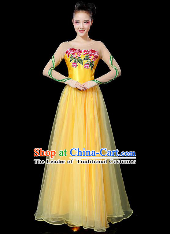 Traditional Chinese Modern Dancing Compere Costume, Women Opening Classic Chorus Singing Group Dance Uniforms, Modern Dance Classic Dance Peony Yellow Big Swing Dress for Women