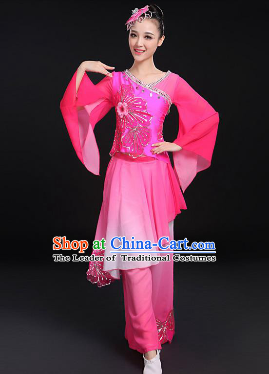 Traditional Chinese Yangge Fan Dancing Costume, Folk Dance Yangko Mandarin Sleeve Uniforms, Classic Umbrella Dance Elegant Dress Drum Dance Paillette Pink Clothing for Women