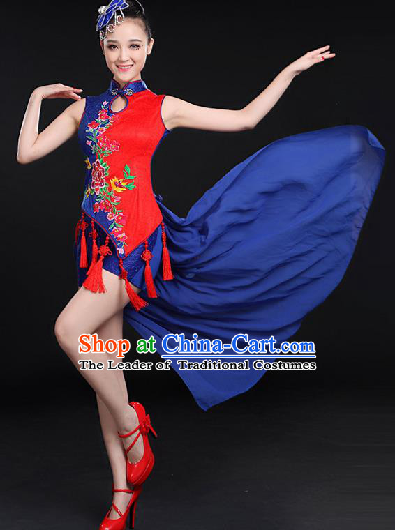 Traditional Chinese Yangge Fan Dancing Costume, Folk Dance Yangko Embroidered Uniforms, Classic Umbrella Dance Elegant Dress Drum Dance Cheongsam Blue Clothing for Women