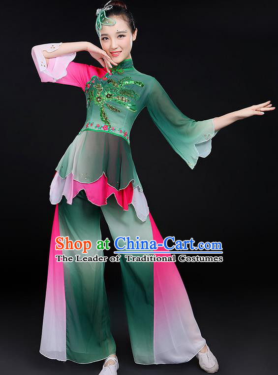 Traditional Chinese Yangge Fan Dancing Costume, Folk Dance Yangko Mandarin Sleeve Uniforms, Classic Lotus Dance Elegant Dress Drum Dance Green Clothing for Women