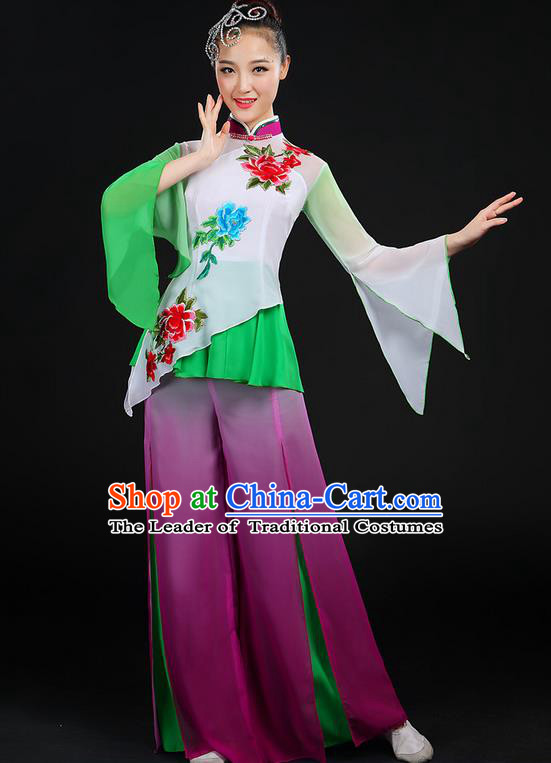 Traditional Chinese Yangge Fan Dancing Costume, Folk Dance Yangko Mandarin Sleeve Embroidered Peony Uniforms, Classic Dance Elegant Dress Drum Dance Flowers Clothing for Women