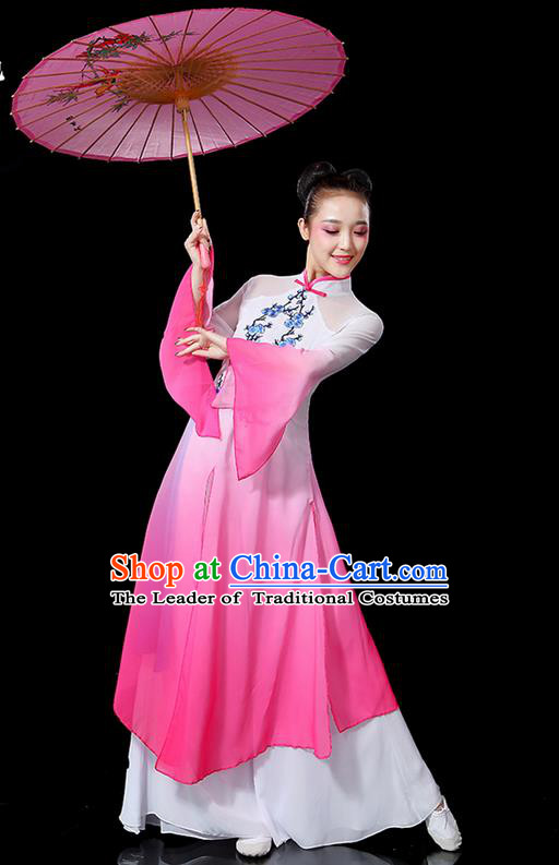 Traditional Chinese Yangge Fan Dancing Costume, Folk Dance Yangko Mandarin Sleeve Embroidered Plum Blossom Uniforms, Classic Umbrella Dance Elegant Dress Drum Dance Pink Clothing for Women
