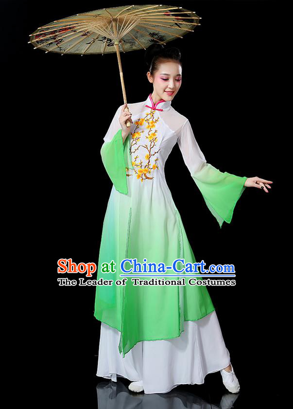 Traditional Chinese Yangge Fan Dancing Costume, Folk Dance Yangko Mandarin Sleeve Embroidered Plum Blossom Uniforms, Classic Umbrella Dance Elegant Dress Drum Dance Green Clothing for Women