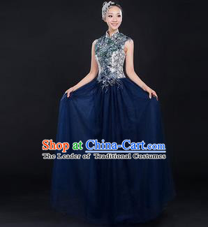 Traditional Chinese Modern Dancing Compere Costume, Women Opening Classic Chorus Singing Group Dance Bubble Uniforms, Modern Dance Classic Dance Big Swing Cheongsam Dress for Women