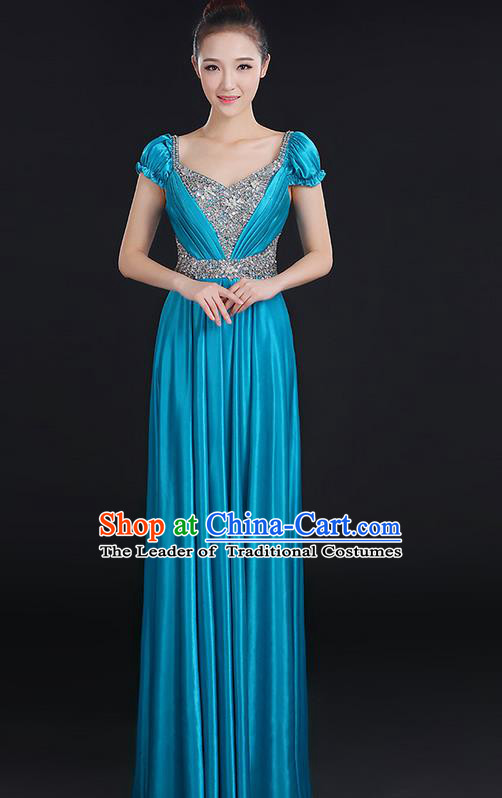 Traditional Chinese Modern Dancing Compere Costume, Women Opening Classic Chorus Singing Group Dance Crystal Dress Uniforms, Modern Dance Classic Dance Big Swing Blue Dress for Women